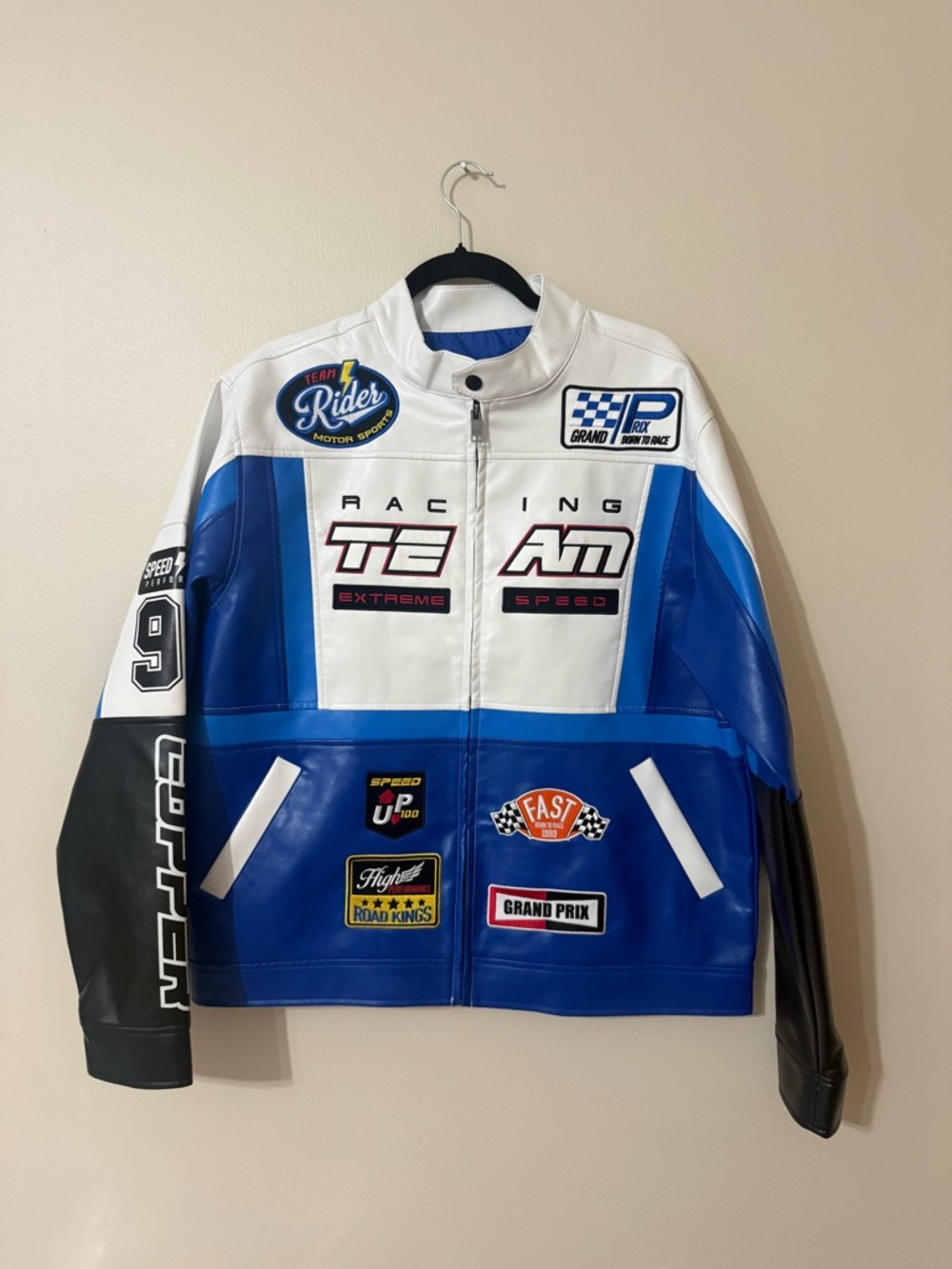 Copper Rivet Men's Blue Multicolor Moto Racing Leather Jacket Size L Brand new